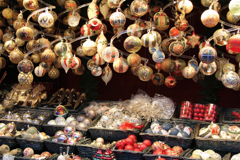 Salzburg by Paula Pins the Planet, a Christmas stall up close with all sorts of Christmas ornaments