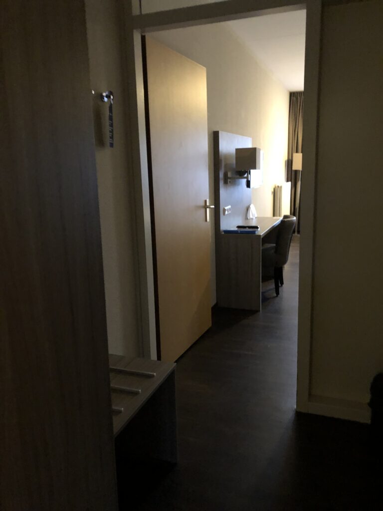 Entrance to the room, on the left a closet, a door at the end towards the room with beds. On the left (not visible the bathroom)
