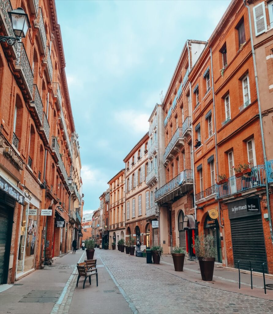 Toulouse by Gallivanting Laura, a street with red colored houses