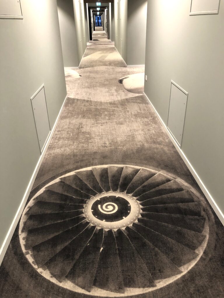 Hallway in Apartments building, with plane engines drawn on the carpet